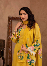 Yellow Cotton Slub Floral Printed Kurta-Pant & Dupatta Set with Lace Work-P1317YELLOW
